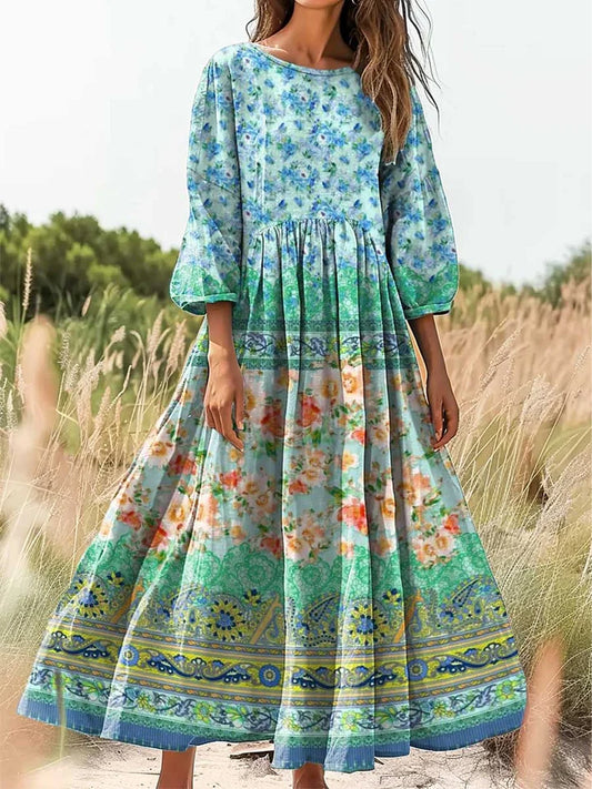 Retro boho virágos nyomtatás vintage elegáns kerek nyak pamut hosszú ujjú midi ruha