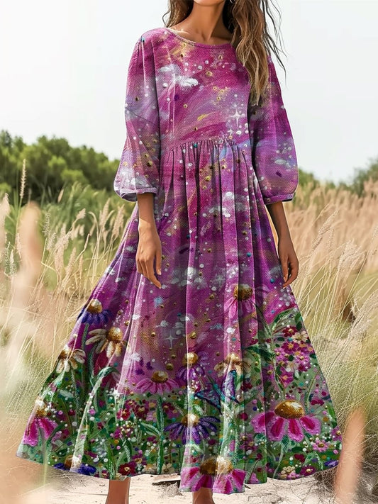 Retro boho virágos nyomtatás vintage elegáns kerek nyak pamut hosszú ujjú midi ruha