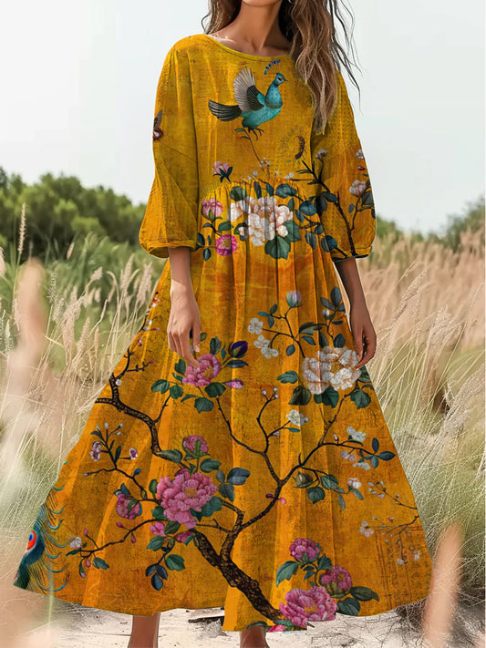 Retro boho virágos nyomtatás vintage elegáns kerek nyak pamut hosszú ujjú midi ruha