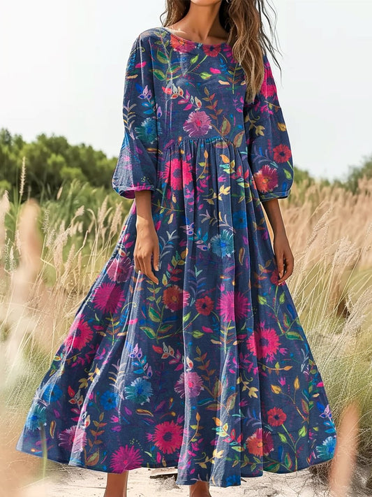 Retro boho virágos nyomtatás vintage elegáns kerek nyak pamut hosszú ujjú midi ruha