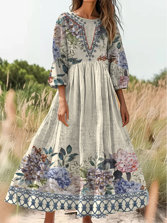 Retro boho virágos nyomtatás vintage elegáns kerek nyak pamut hosszú ujjú midi ruha