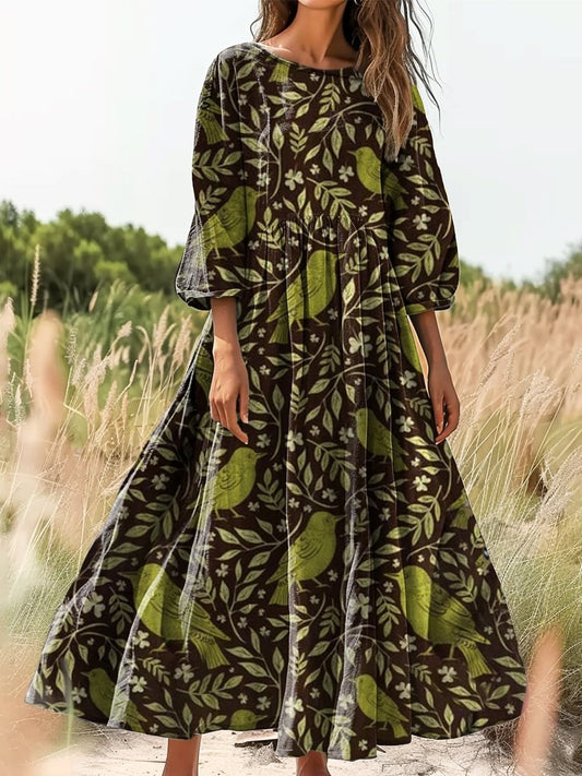 Retro boho virágos nyomtatás vintage elegáns kerek nyak pamut hosszú ujjú midi ruha