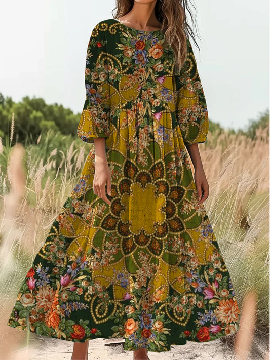 Retro boho virágos nyomtatás vintage elegáns kerek nyak pamut hosszú ujjú midi ruha