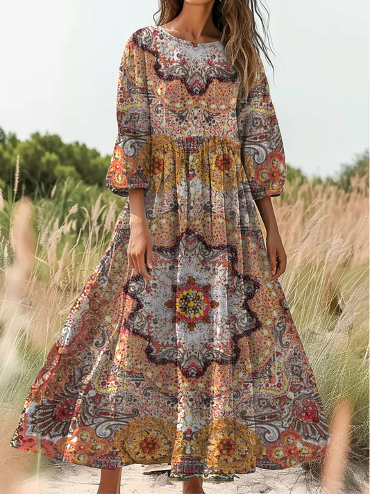 Retro boho virágos nyomtatás vintage elegáns kerek nyak pamut hosszú ujjú midi ruha