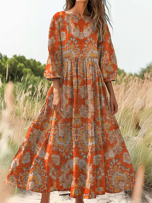 Retro boho virágos nyomtatás vintage elegáns kerek nyak pamut hosszú ujjú midi ruha