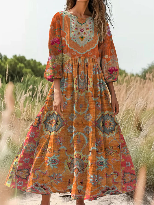 Retro boho virágos nyomtatás vintage elegáns kerek nyak pamut hosszú ujjú midi ruha