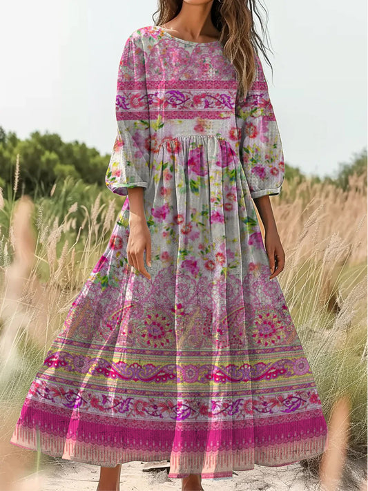 Retro boho virágos nyomtatás vintage elegáns kerek nyak pamut hosszú ujjú midi ruha