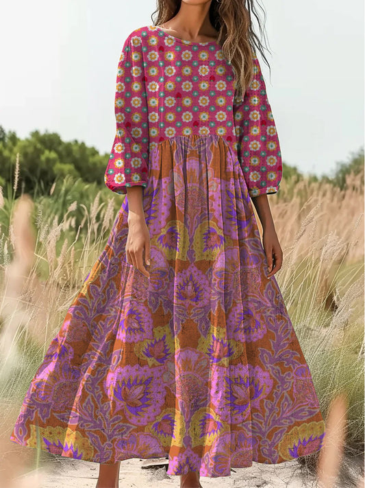 Retro boho virágos nyomtatás vintage elegáns kerek nyak pamut hosszú ujjú midi ruha