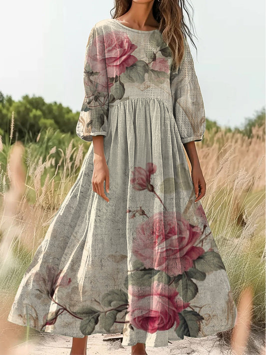 Retro boho virágos nyomtatás vintage elegáns kerek nyak pamut hosszú ujjú midi ruha