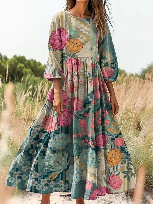 Retro boho virágos nyomtatás vintage elegáns kerek nyak pamut hosszú ujjú midi ruha
