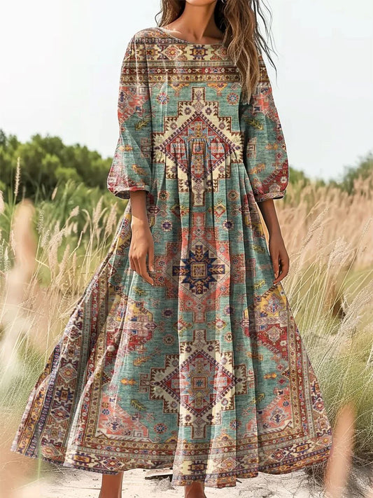 Retro boho virágos nyomtatás vintage elegáns kerek nyak pamut hosszú ujjú midi ruha