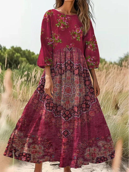 Retro boho virágos nyomtatás vintage elegáns kerek nyak pamut hosszú ujjú midi ruha