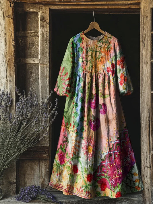 Retro boho virágos nyomtatás vintage elegáns kerek nyak pamut hosszú ujjú midi ruha