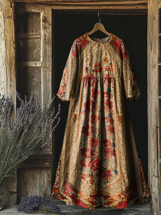 Retro boho virágos nyomtatás vintage elegáns kerek nyak pamut hosszú ujjú midi ruha