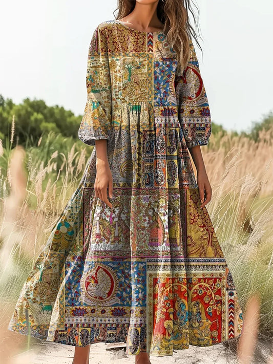 Retro boho virágos nyomtatás vintage elegáns kerek nyak pamut hosszú ujjú midi ruha