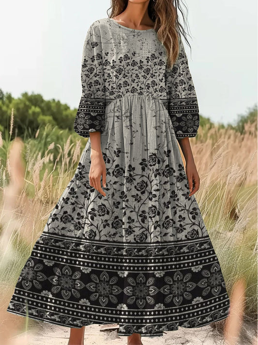 Retro boho virágos nyomtatás vintage elegáns kerek nyak pamut hosszú ujjú midi ruha