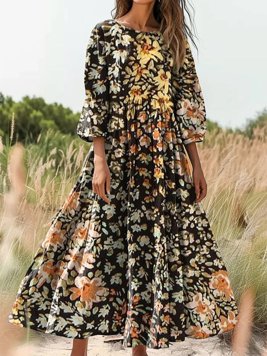 Retro boho virágos nyomtatás vintage elegáns kerek nyak pamut hosszú ujjú midi ruha