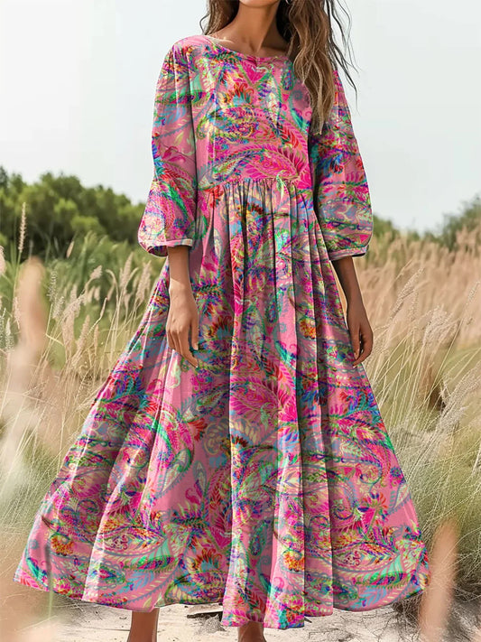 Retro boho virágos nyomtatás vintage elegáns kerek nyak pamut hosszú ujjú midi ruha