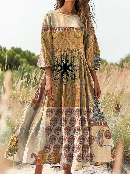 Retro boho virágos nyomtatás vintage elegáns kerek nyak pamut hosszú ujjú midi ruha