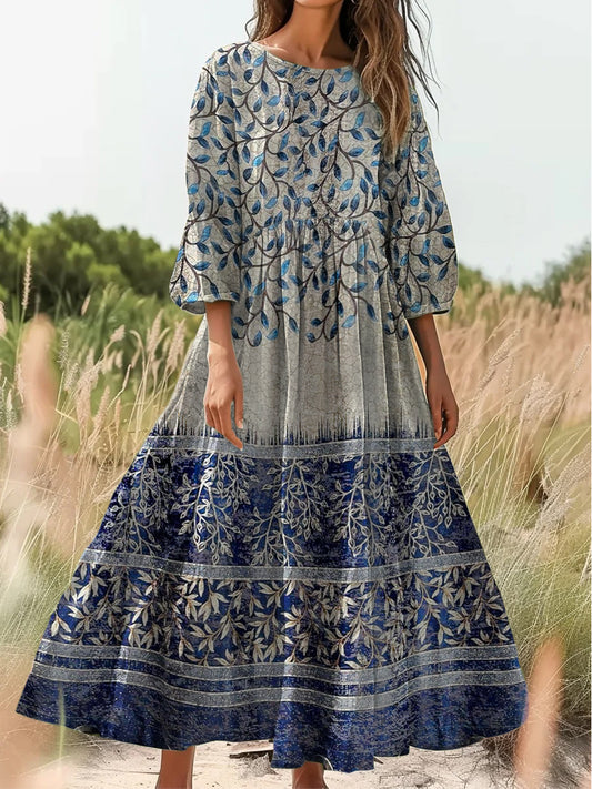 Retro boho virágos nyomtatás vintage elegáns kerek nyak pamut hosszú ujjú midi ruha