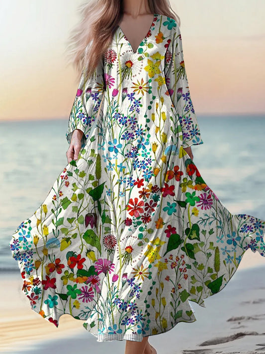 Retro boho virágos applique print vintage elegáns v-nyak pamut hosszú ujjú midi ruha