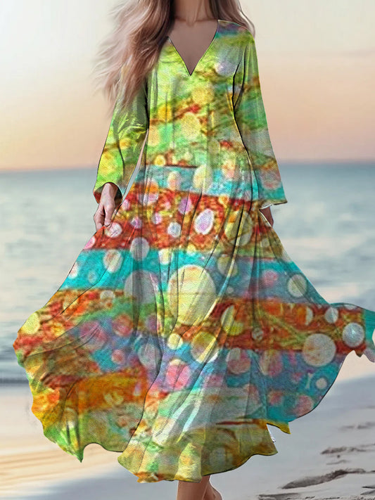 Retro boho virágos applique print vintage elegáns v-nyak pamut hosszú ujjú midi ruha