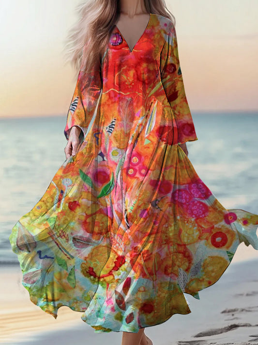 Retro boho virágos applique print vintage elegáns v-nyak pamut hosszú ujjú midi ruha