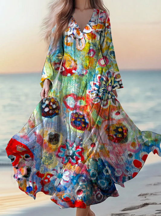 Retro boho virágos applique print vintage elegáns v-nyak pamut hosszú ujjú midi ruha