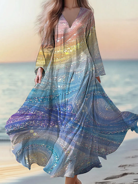 Retro boho virágos applique print vintage elegáns v-nyak pamut hosszú ujjú midi ruha