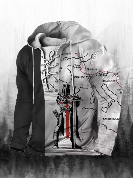 Férfi retro nyomtatás alkalmi hosszú ujjú csuklyás pulóver felső