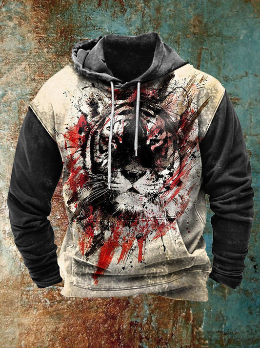 Férfi retro nyomtatás alkalmi hosszú ujjú csuklyás pulóver felső