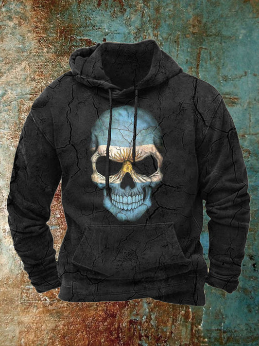 Férfi retro koponya nyomtatás alkalmi hosszú ujjú csuklyás pulóver