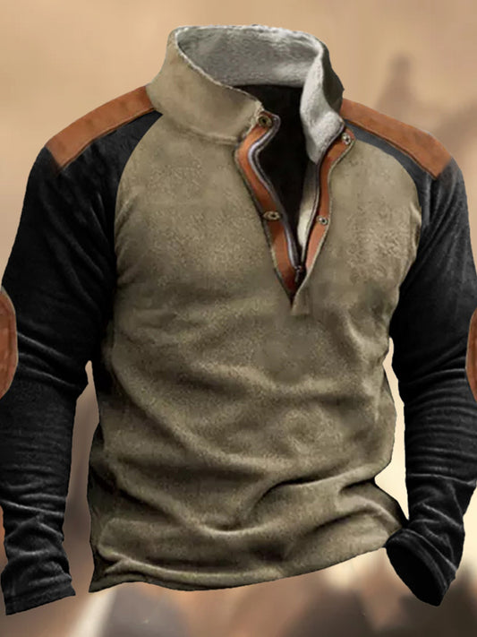 Férfi gyapjú sarki blokk henry állni gallér határon átnyúló alkalmi pulóver