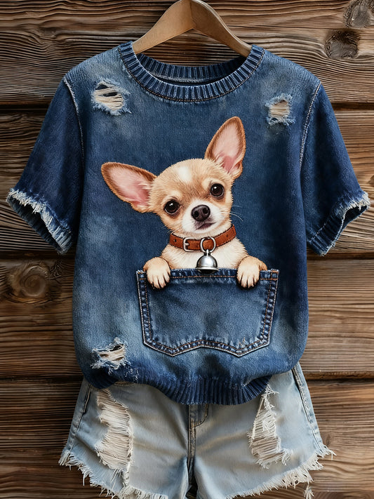 Női művészi állat nyomtatás kényelmes kötött rövid ujjú felső