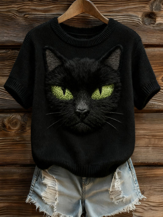 Női művészi állat nyomtatás kényelmes kötött rövid ujjú felső