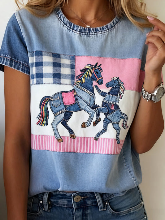 Női vintage art állat nyomtatás kényelmes póló