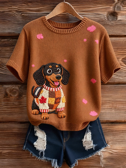 Női művészi állat nyomtatás kényelmes kötött rövid ujjú felső