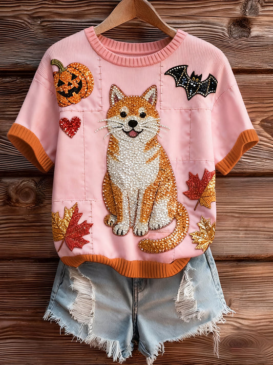 Női művészi állat nyomtatás kényelmes kötött rövid ujjú felső