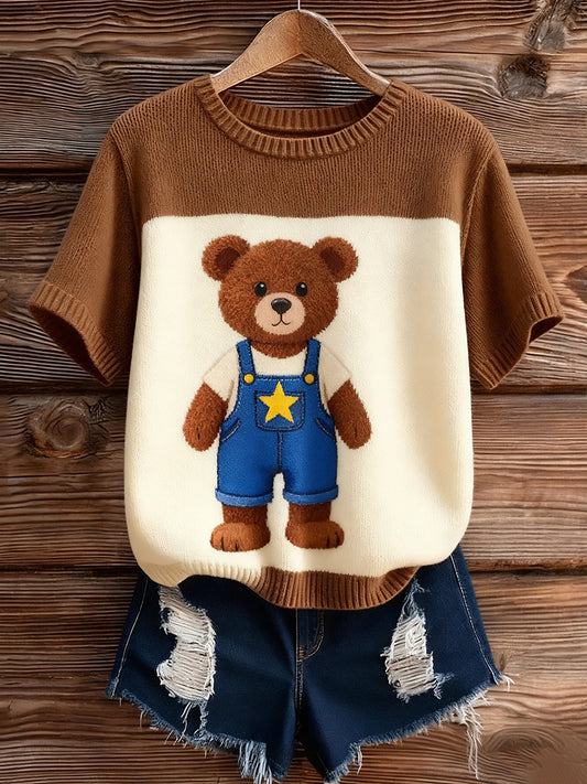 Női művészi állat nyomtatás kényelmes kötött rövid ujjú felső