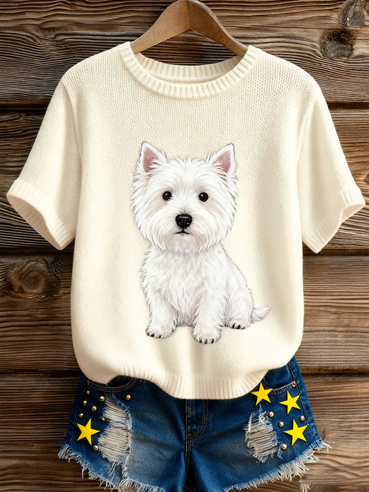 Női művészi állat nyomtatás kényelmes kötött rövid ujjú felső