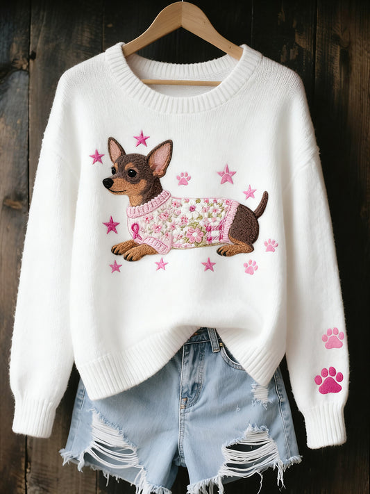 Női vintage art állat nyomtatás hangulatos kötött pulóver