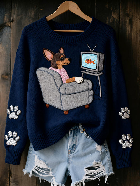 Női vintage art állat nyomtatás hangulatos kötött pulóver