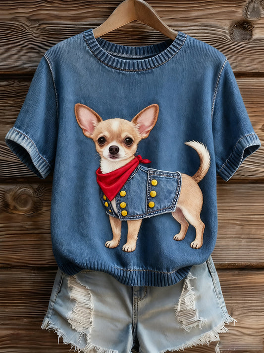 Női művészi állat nyomtatás kényelmes kötött rövid ujjú felső