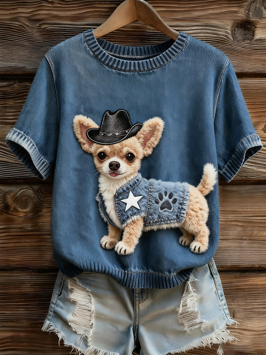 Női művészi állat nyomtatás kényelmes kötött rövid ujjú felső