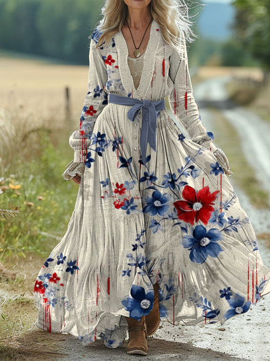 Retro boho virág művészet nyomtatás vintage elegáns szíj v-nyakú pamut hosszú ujjú midi ruha