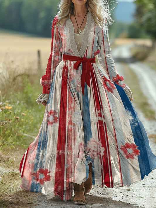 Retro boho virág művészet nyomtatás vintage elegáns szíj v-nyakú pamut hosszú ujjú midi ruha