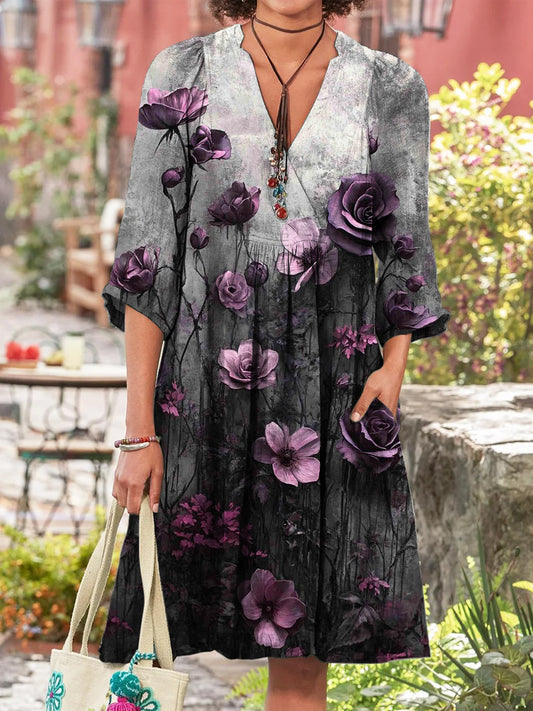 Retro boho virág művészet nyomtatás vintage elegáns v-nyak pamut hosszú ujjú midi ruha