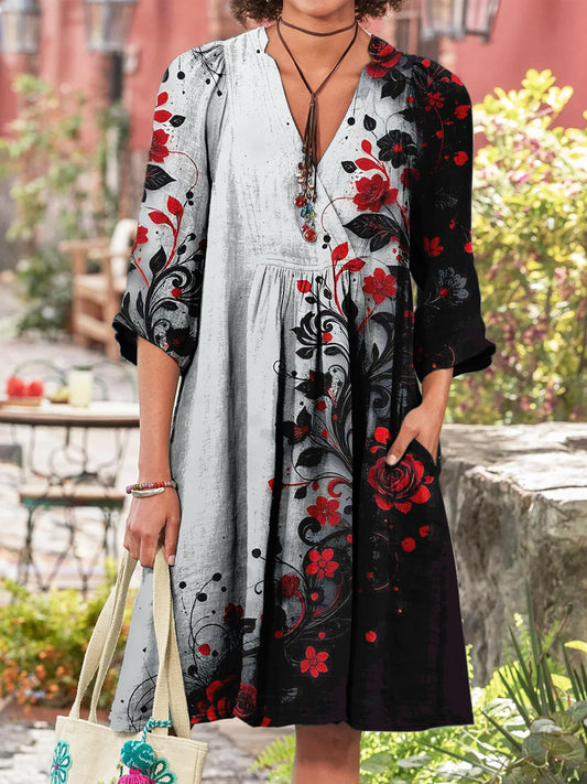 Retro boho virág művészet nyomtatás vintage elegáns v-nyak pamut hosszú ujjú midi ruha