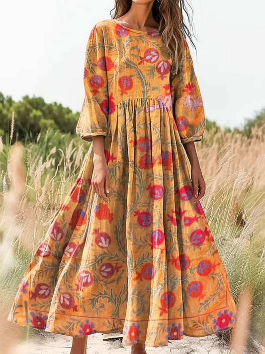 Retro boho virágos botanika nyomtatás vintage elegáns kerek nyak pamut hosszú ujjú midi ruha