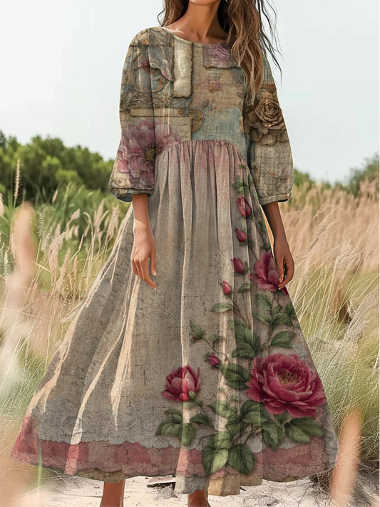 Retro boho virág művészet nyomtatás vintage elegáns v-nyak gomb fel hosszú ujjú midi ruha